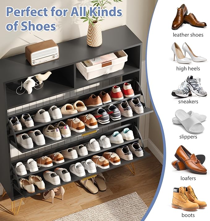 Shoe Cabinet with 2 Flip Drawers, Black Shoe Organizer Cabinet for Entryway Slim, Hidden Shoe Storage with Open Shelf & Metal Legs, Freestanding Tipping Bucket Shoe Rack Cabinet-NeatNest
