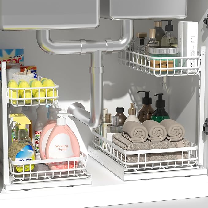 Under Sink Organizer, Adjustable Height Pull-Out Kitchen Storage Organization,15.8" x 11.8" x 16.5",2-Tier Kitchen Shelf,Bathroom Drawer Organizer, White-NeatNest