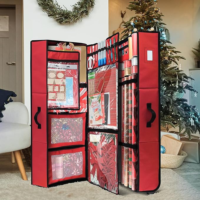 Hearth & Harbor Wrapping Paper Storage Container with Ribbon Dispenser and Interior Pockets - Large Christmas Storage Containers with Wheels, Fits 30 Rolls of 40" Length, Red-NeatNest
