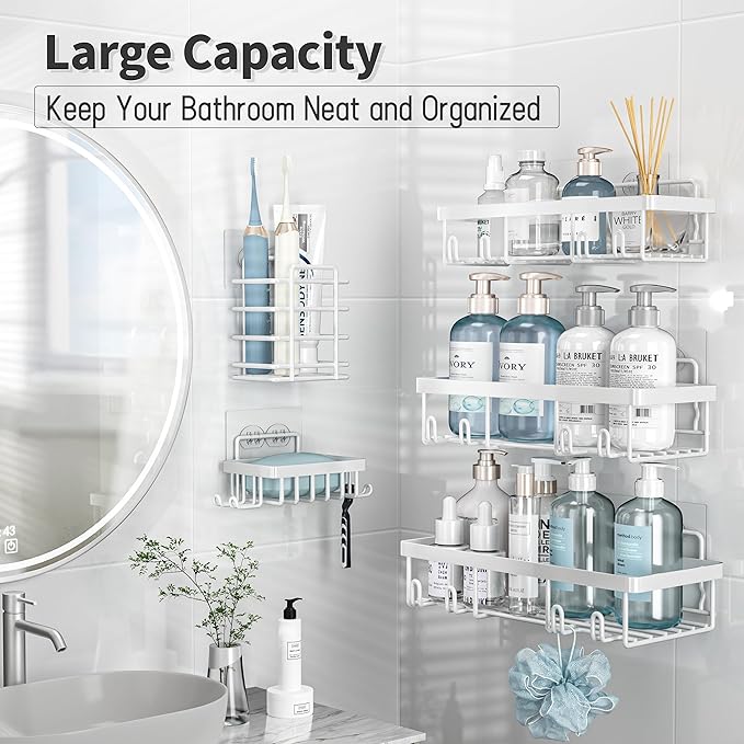 10 Pack Shower Caddy Organizer Rack Shelf for Inside Shower, Self Adhesive Wall Storage Basket Rustproof Stainless Steel Shampoo Holder Bathroom Accessory Decor Set, White-NeatNest