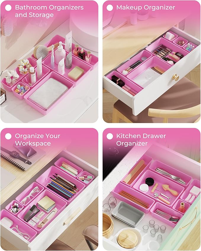 25 PCS Plastic Drawer Organizers Set, 4-Sizes Vanity and Makeup Organizer, Desk and bathroom Drawer Organizer Trays, Organizers and Storage for Makeup, Jewelry, Gadgets, Utensils(Light Purple)-NeatNest