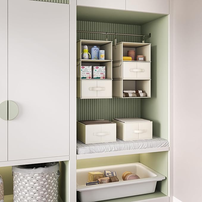 Vailando 3-Shelf Hanging Closet Organizer, Set of 2 Hanging Shelves with 2 Drawers for Wardrobe, Nursery, Baby Clothes Storage and Organization, Beige-NeatNest