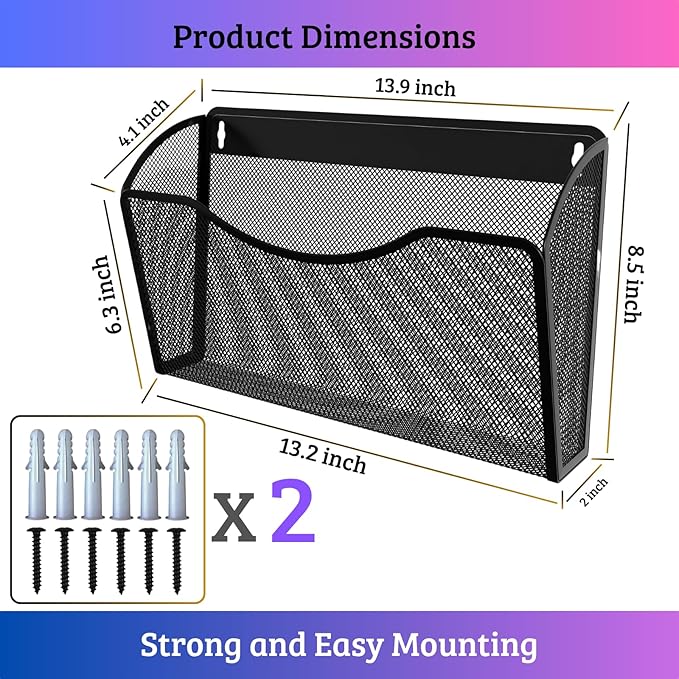 6 Single Pocket Mesh Wall File Organizer, Metal Vertical Wall Mounted Magazine Mail Paper Document Folder Holder for Office Home School, Black