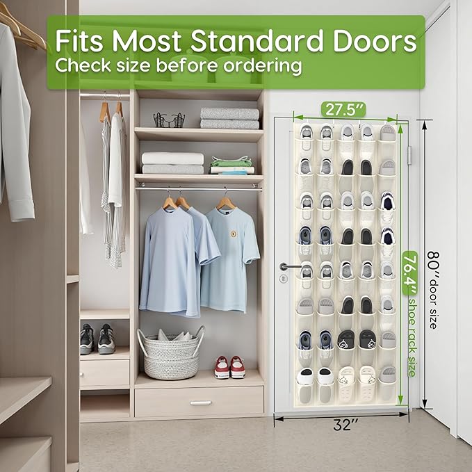 Unjumbly Over the Door Shoe Organizer with 40 Large Breathable Mesh Pockets, Space Saving Shoe Holder, Hanging Shoe Rack for Entryway Bedroom Closet Storage (Beige, 40 Pockets)-NeatNest