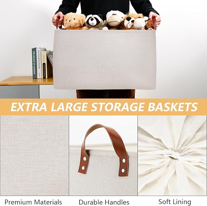 DULLEMELO Large Beige Storage Basket 70L Oversized Canvas Fabric Storage Bin, Collapsible Rectangular Toys Basket Organizer with Handles, 22X15 Storage Container for Clothes, Blankets, Pillows-NeatNest