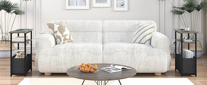 Narrow Side Table with Charging Station Set of 2, Small End Table for Small Spaces, Skinny Nightstands Set 2 with Storage Basket, 3 Tier Sofa Bedside Tables for Living Room,Bedroom, Grey
