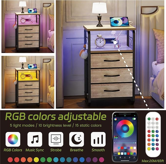 Bed Side Table with 3 Fabric Drawers, Night Stand with Charging Station, LED Nightstand with Hooks, Bedside Table End Tables with Storage, Night Tables for Living Room, Bedroom (Beige)-NeatNest