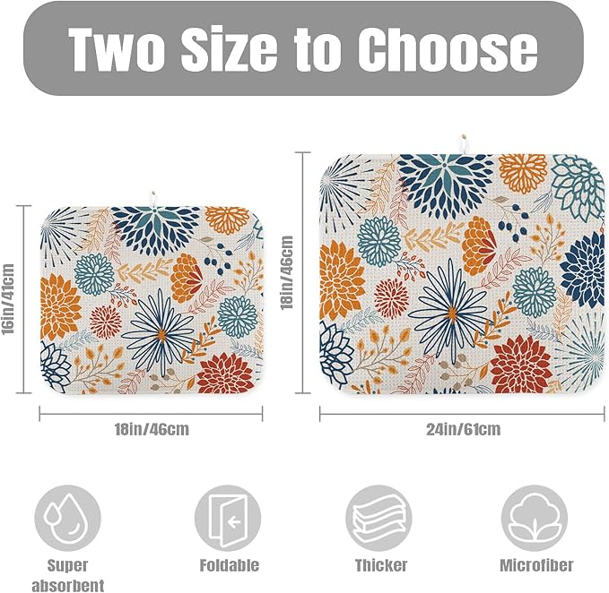 Dish Drying Mat for Kitchen Counter Large 18" x 24" Modern Flower Absorbent Microfiber Dishes Drainer Rack Mats Pad Reusable Washable