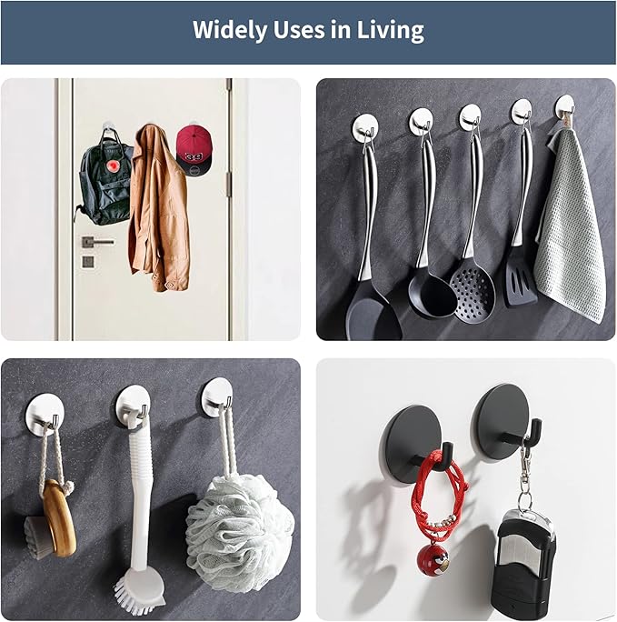 Adhesive Hooks Heavy Duty Waterproof in Shower Hooks for Hanging Loofah, Towels Clothes for Bathroom Removable Stainless Steel Brush Nickel Adhesive Wall Hooks 4 Pcs (Sliver)