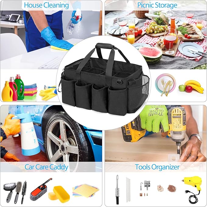 Extra-Large Cleaning Caddy, Organizer with Handles for Cleaning Tools & Products Storage, Large Capacity Tote Bag for Car, Home & Housekeeping Work, Black