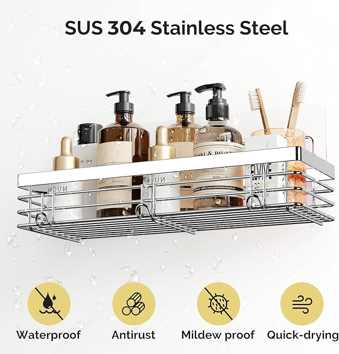 Orimade Adhesive Shower Caddy Soap Dish Holder Shelf with 5 Hooks Bathroom Organizer Basket Kitchen Storage Rack Wall Mounted No Drilling Stainless Steel - 3 Pack,Silver
