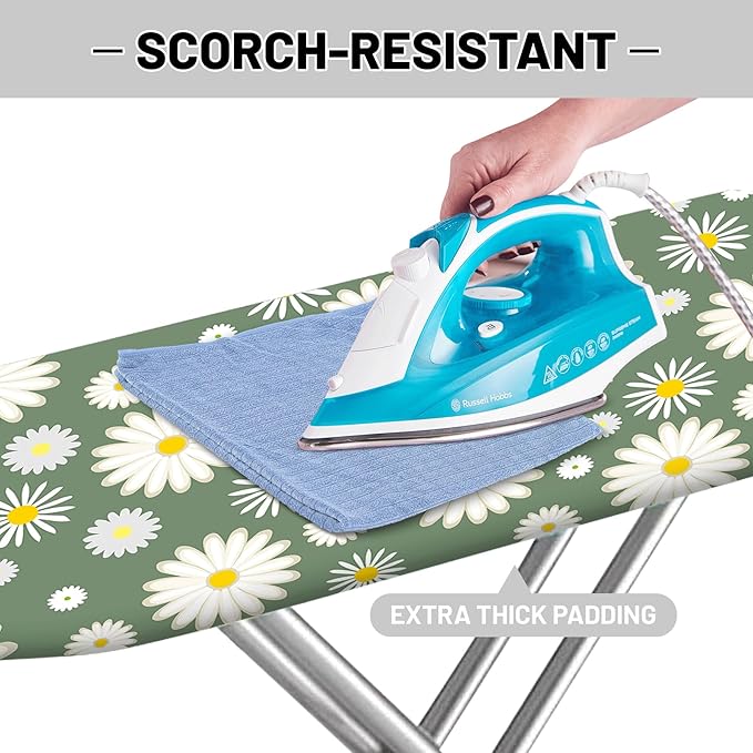 Extra Thick Ironing Board Cover and Pad, 15x54 Ironing Board Cover, Resist Scorching and Staining,Elastic Edges,Sage Green White Daisy Spring Flowers
