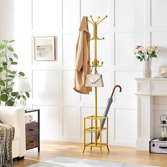 FAVOOSTY Coat Rack Freestanding,Coat Rack Stand with Umbrella Holder,Metal Coat Tree with 12 Hooks,Tree Clothes Hat for Entryway, Hallway, Bedroom, Living Room & Office -Glod-NeatNest