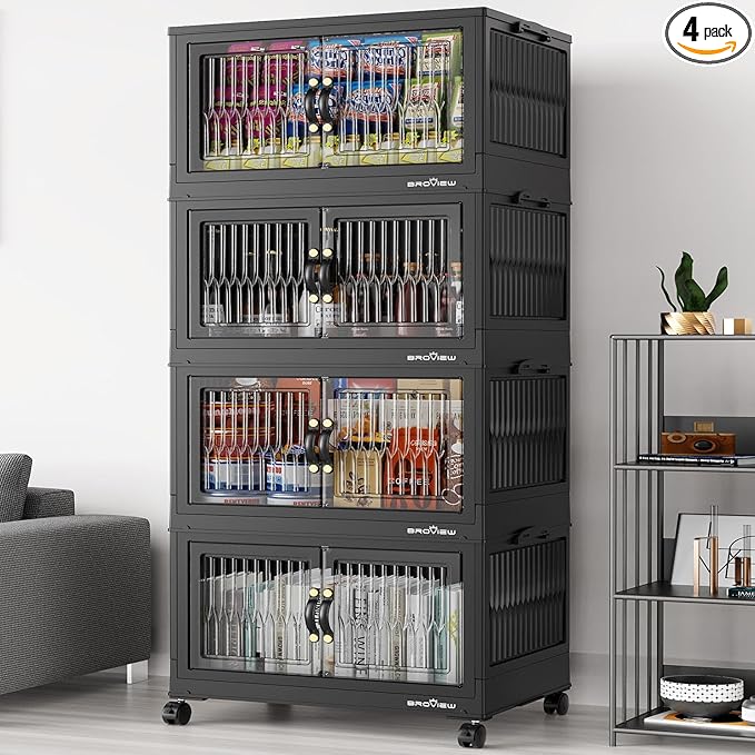 320Qt Stackable Storage Bins with Lid, Extra Large Closet Organizer Collapsible Drawer Boxes with Wheels, Folding Plastic Cabinet Containers for Home Kitchen Room Organization, 4Pack Black