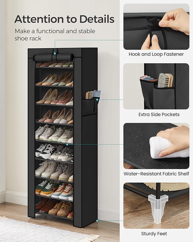 SONGMICS Shoe Rack with Non-Woven Fabric Cover, 9 Tier Storage Shelf for 27-35 Pairs of Shoes, Entryway, Suitable for Sneakers, High Heels, Flats, and Boots, Black URXJ10H-NeatNest