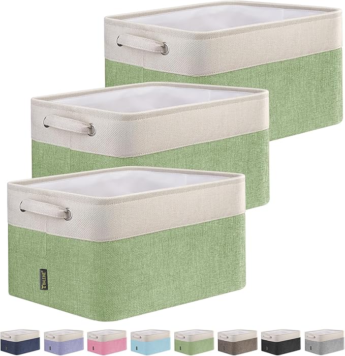BALEINE 3 Pack Fabric Storage Bins for Shelves, Linen Storage Baskets for Organizing, Decorative Closet Bins for Clothes, Home (Green, 15''x11''x9.5'')-NeatNest