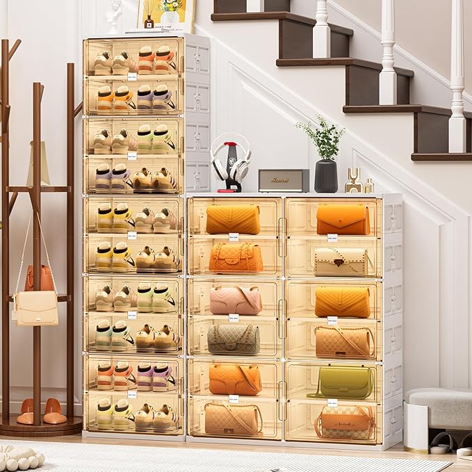 JEKO&JEKO 8 Tiers Foldable Shoe Rack Organizer Cabinet for Closet Entryway, Large Collapsible Shoe Storage Box with Magnetic Doors (White)-NeatNest