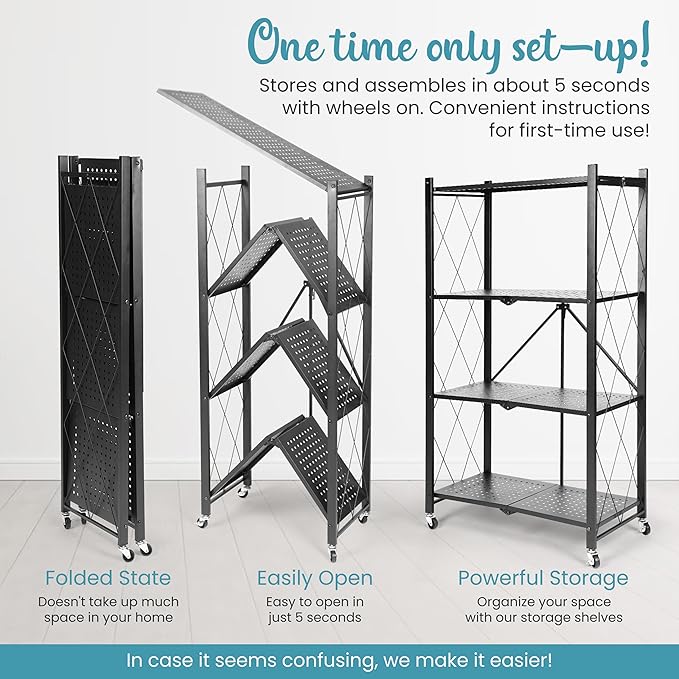 4-Tier Foldable Shelf, Black-Strong and Durable Multipurpose Folding Shelves for Storage with Locking Wheels-Easy to Assemble, Clean, Fold