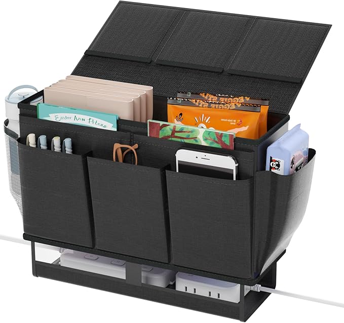 Bedside Caddy, Bed Organizer with 11 Pockets and Power Strip Holder,Versatile Bedside Storage Caddy for Home,Dorm,Bunk,Hospital,Crib Bed (Black)-NeatNest