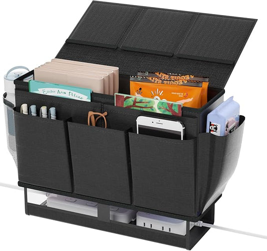 Bedside Caddy, Bed Organizer with 11 Pockets and Power Strip Holder,Versatile Bedside Storage Caddy for Home,Dorm,Bunk,Hospital,Crib Bed (Black)-NeatNest