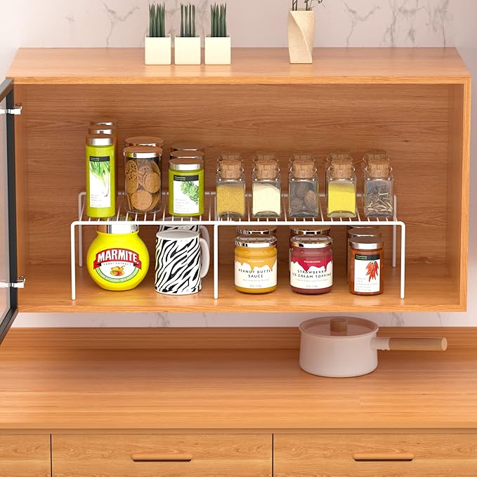 Kitchen Cabinet Expandable Shelf Organizers Set of 2, Adjustable Metal Wire Pantry Storage Shelves, Plate Dish Organizer Rack for Cabinets, Cupboard, Counter, Freezer, Countertop, White