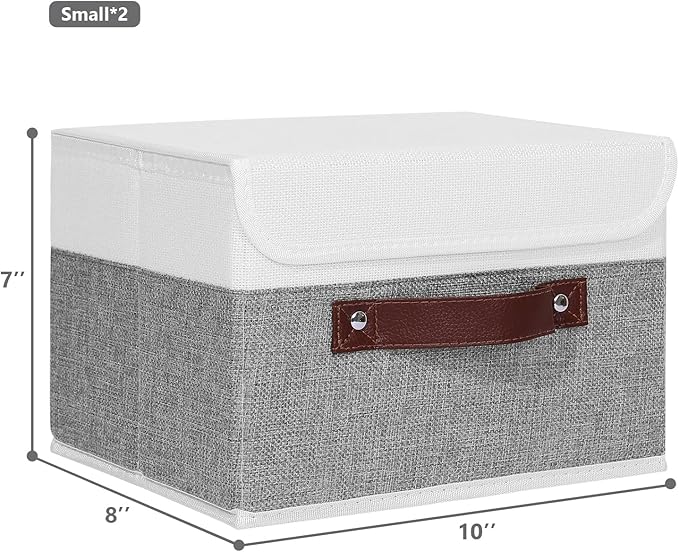 ANMINY 2PCS Storage Boxes with Lid Washable Decorative Storage Bins Basket with PU Leather Handle Foldable Linen Fabric Storage Cubes Containers for Home Closet Organizer - Gray White, Small Size-NeatNest