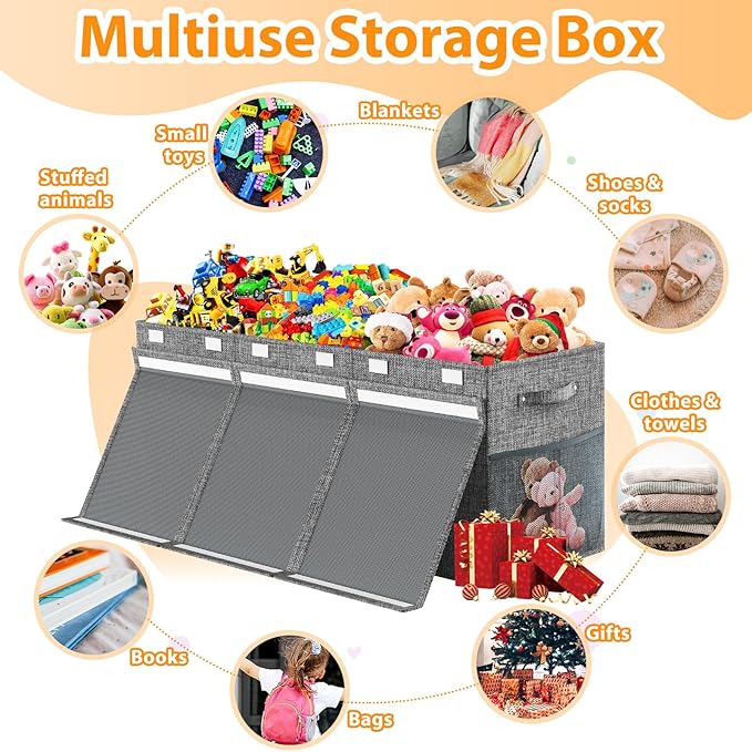 Extra Large Toy Storage Box with Lid Divider, Sturdy Collapsible Toys Organizer Chest Kids Storage Bins Boxes Baskets for Boys, Girls, Nursery, Bedroom, Living Room, Playroom, 40"x14"x16", Gray