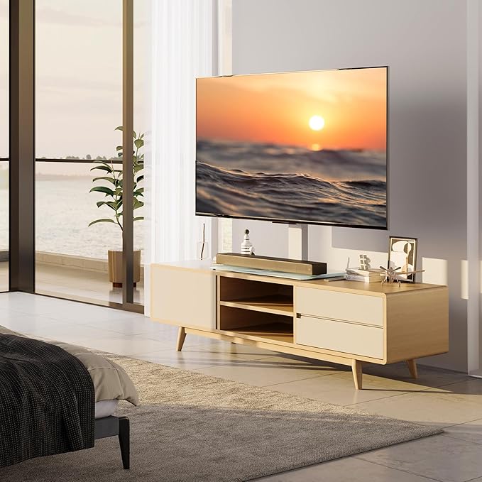 FITUEYES Universal TV Stand with Swivel Mount for 50-85 inch Flat Screens - Height Adjustable Tempered Glass Base Holds up to 143 lbs, White.