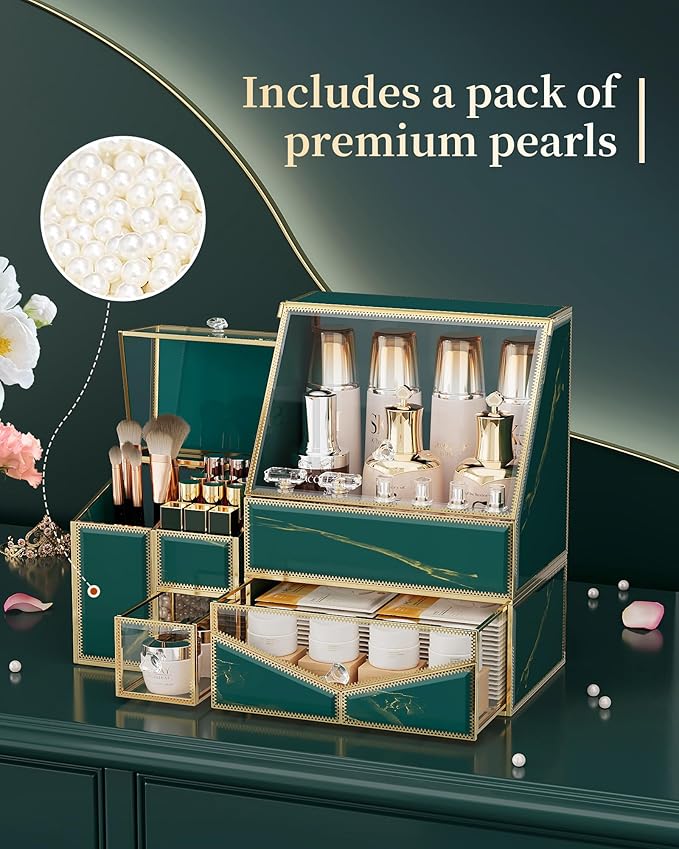 Glass Makeup Organizer for Vanity and Bathroom Countertop – Large Cosmetic Display Case and Skincare Storage Solution