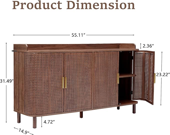 4 Doors Storage Cabinet, 2 Tier Wooden Storage Organizer Cabinet with Adjustable Shelf, Sideboard Buffet Cabinets with Iron Curved Doors Accent Shoe Rack for Entryway Hallway Living Room (Walnut)-NeatNest