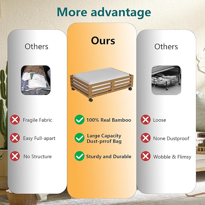 Bamboo Under Bed Storage Containers- Underbed Organizer with Wheels with Large Capacity Dust Bag,Sturdy Wood Rolling Under Bed Shoe Storage Organizer 2 Packs (Walnut, 2 Packs (23.62"×16.54"))-NeatNest