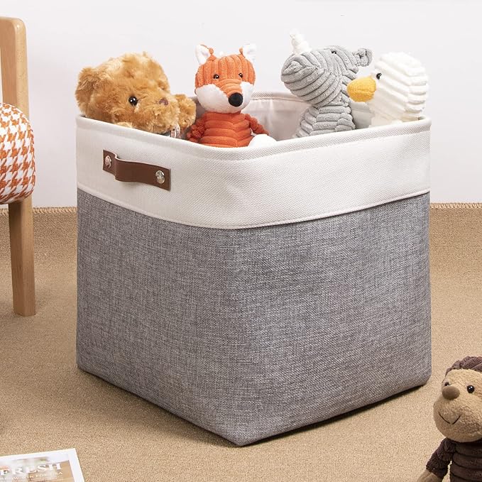 DULLEMELO Cube Basket for Storage, Collapsible Fabric Cube for Organizing, Storage Cube for Closet, Laundry, Nursery, Shelves, Decorative Basket for Gifts Empty (White&Gray)-NeatNest