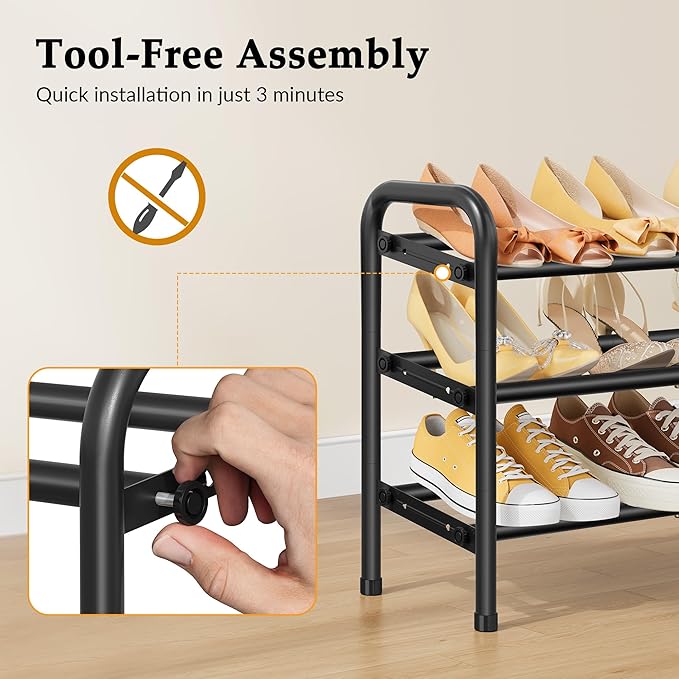 3 Tier Shoe Organizer, Shoe Rack for Closet, 28“ Metal Shelf Can Expandable to 42“, for Bedroom, Entryway, Closet, Garage, Adjustable to 18 Pairs Shoes, Black-NeatNest