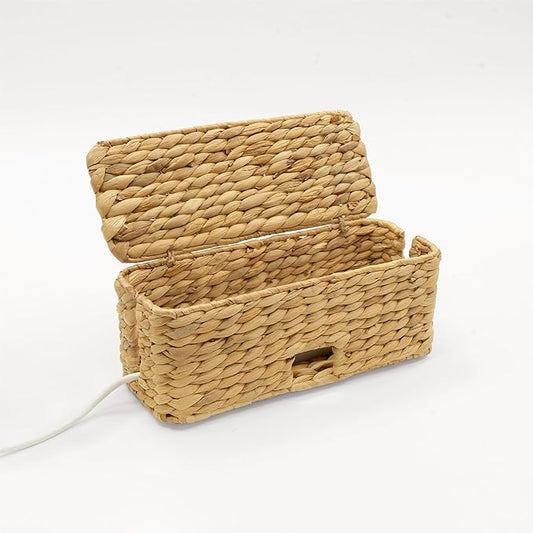 Cable Management Box, Water Hyacinth Organizer Box, Durable Rattan Cable Organizer, with 2 Open Slots for Home Office Desk Computer TV Wires USB Hub Power Strip, Handmade Rattan Cord Organizer Box-NeatNest