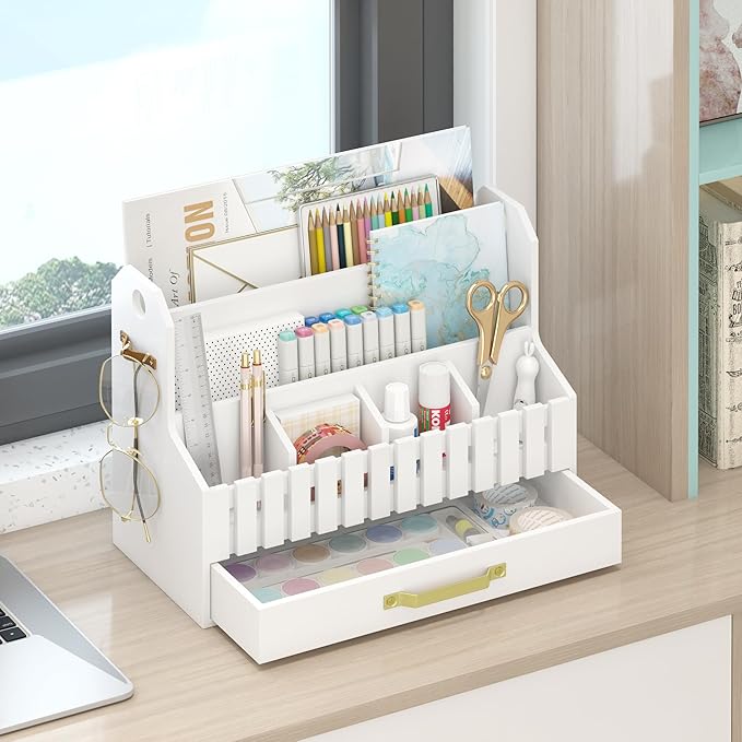 Bamboo Mail Organizer Countertop with Drawers, Wood Desk File Organizer Desktop Paper Organization Storage Bill & Letter Sorter Holder for School Home Office Supplies, No Assembly Required (White)-NeatNest
