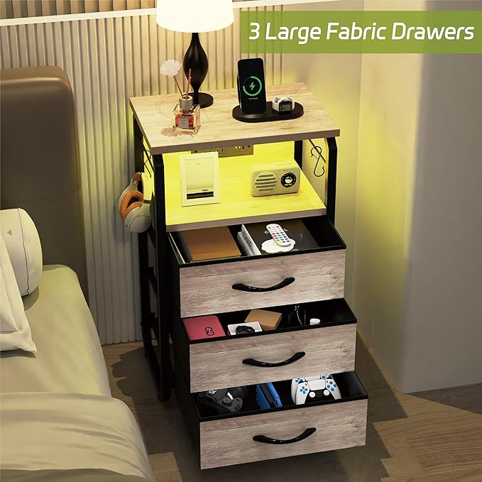 Bed Side Table with 3 Fabric Drawers, Night Stand with Charging Station, LED Nightstand with Hooks, Bedside Table End Tables with Storage, Night Tables for Living Room, Bedroom (Beige)-NeatNest