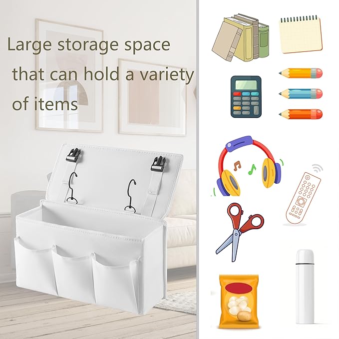 Bedside Caddy Bedside Storage Organizer,Bed Caddy With Thickened Material Suitable for Homes, Dormitories, Hospitals, Cribs, RVs,Great for Magazines,Books,Remote, Phone (white)-NeatNest