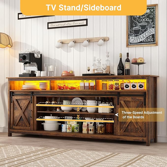 80in Wooden Farmhouse Entertainment Center for 90/85 inch TV,Double Layer Storage Farmhouse TV Stand,Double-Row Sockets with Wood Sliding Barn Door TV Stand(Double Layer Vintage Brown)-NeatNest