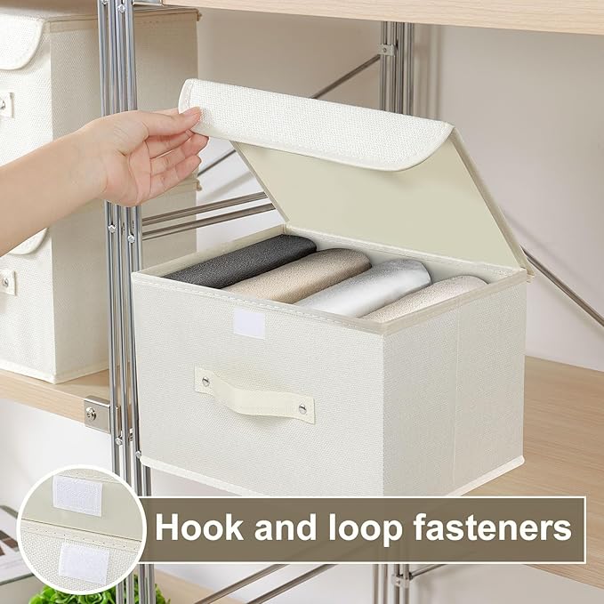 Fabric Storage Bins Cube Organizers with Flip-Top Lid and Handles,Storage Boxes for Organizing Home,Office,and Closet,Beige,3 Pack 10.2 X 7.9 X 6.7 in-NeatNest