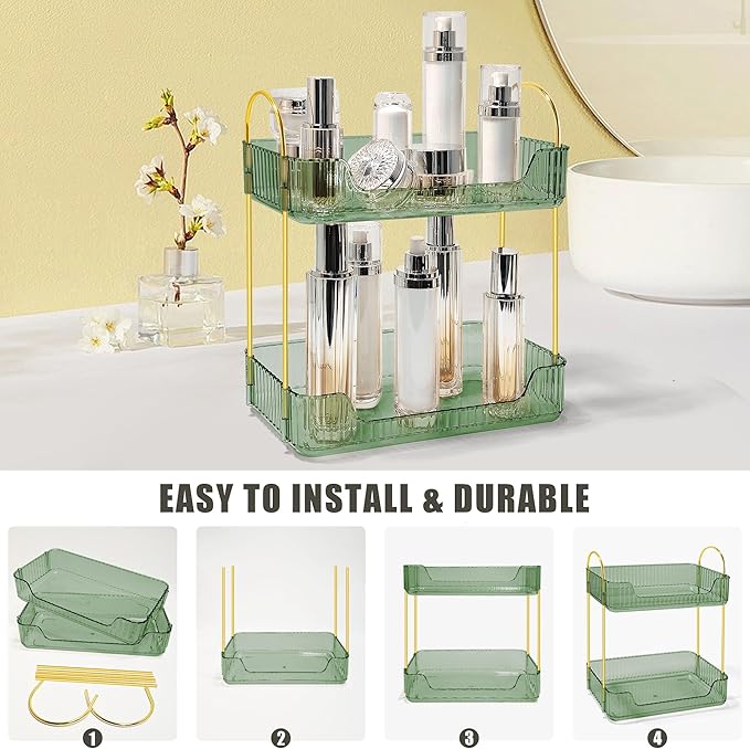 Bathroom Counter Organizer Countertop Storage Skincare Countertop Makeup Organizer Cosmetics Skincare Organizers Holder for Perfume-Green-golden pole-NeatNest
