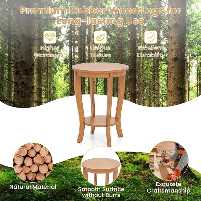 GOFLAME 2-Tier Round End Table Set of 2, 18” Sofa Side Table with Storage Shelf, Floor Tea Tables with Solid Wood Legs, Compact Nightstand for Small Space, Living Room, Bedroom, Light Brown