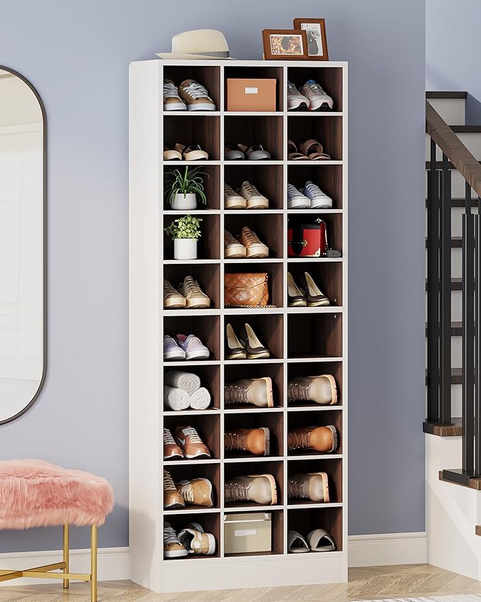 Tribesigns 10-Tier Shoe Storage Cabinet, White and Brown Wooden Shoe Rack with 30 Cubbies, Freestanding Tall Entryway Shoe Organizer for Closet, Entryway, Living Room-NeatNest