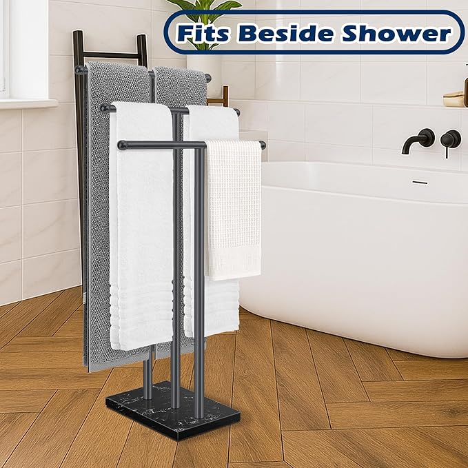 3-Tier Freestanding Towel Rack with Marble Base,Standing Tower Rack Fits Versatile Space,Stable Towel Racks for Bathroom, Matte Black Finish
