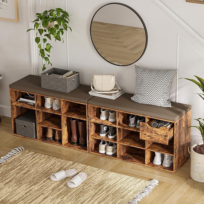 DINZI LVJ Shoe Bench, Entryway Storage Bench with Drawer and 8 Cubbies, Cubby Shoe Rack with Adjustable Shelves, Shoe Organizer Cabinet for Living Room, Bedroom, Mudroom and Garage, Rustic Brown-NeatNest