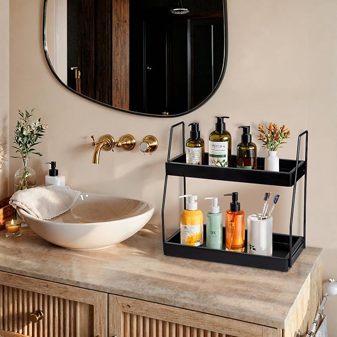 Acacia Bathroom Organizer Countertop 13.6 x 14 x 6.7 inches, 2-Tier Wood Counter Standing Rack, Countertop Storage Shelf for Organizing Bathroom Kitchen Office Desk Vanity Cosmetic Balcony (Black)
