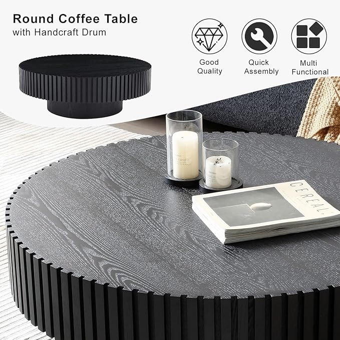 31" Round Black Coffee Table for Living Room, Mid Century Modern Coffee Table with Sturdy Pedestal, Circle Center Table Accent Tea Table for Apartment