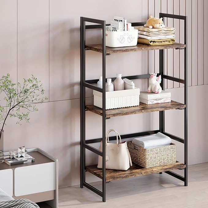BHG Vintage Multifunctional Folding Bookshelf, No-Assembly Plant Stand Storage Rack Shelves for Home Office (Fire, 3-Tier)-NeatNest