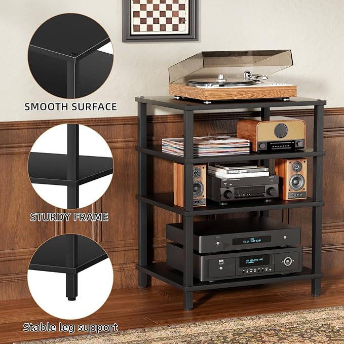 4-Tier AV Media Player Stand, Black Stereo Cabinet, Modern Stereo Cabinet, Wooden TV Stand,Game Console Shelf, Multifunctional Entertainment Center, Suitable for Home, Conference Room, Game Studio-NeatNest