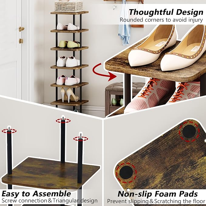 AZERPIAN Shoe Rack 7 Tier Vertical Storage Organizer Narrow Metal Slim Shelf Modern Free Standing Shoe Tower Saving Space for Closet Entryway Bedroom,Black+Rustic Brown-NeatNest