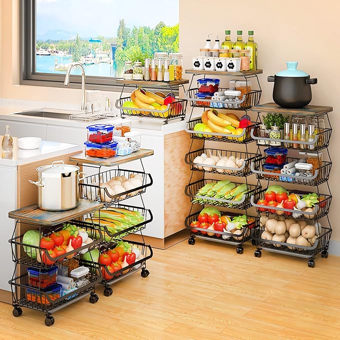 MURRI&MURRDI Fruit Vegetable Storage Basket with Wooden Lid, 6 Tier Stackable Wire Storage Baskets with Wheels Produce Basket Organizer for Kitchen Rack Storage Cart for Pantry (6 Black 6 Layer)